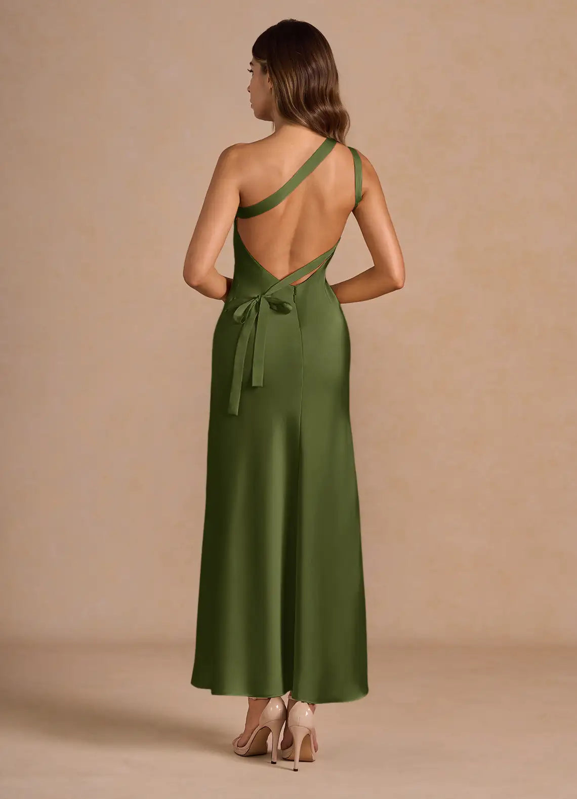 Cross Strap One Shoulder Satin Sheath Cut Out Back Midi Length Hot sale Prom Dress