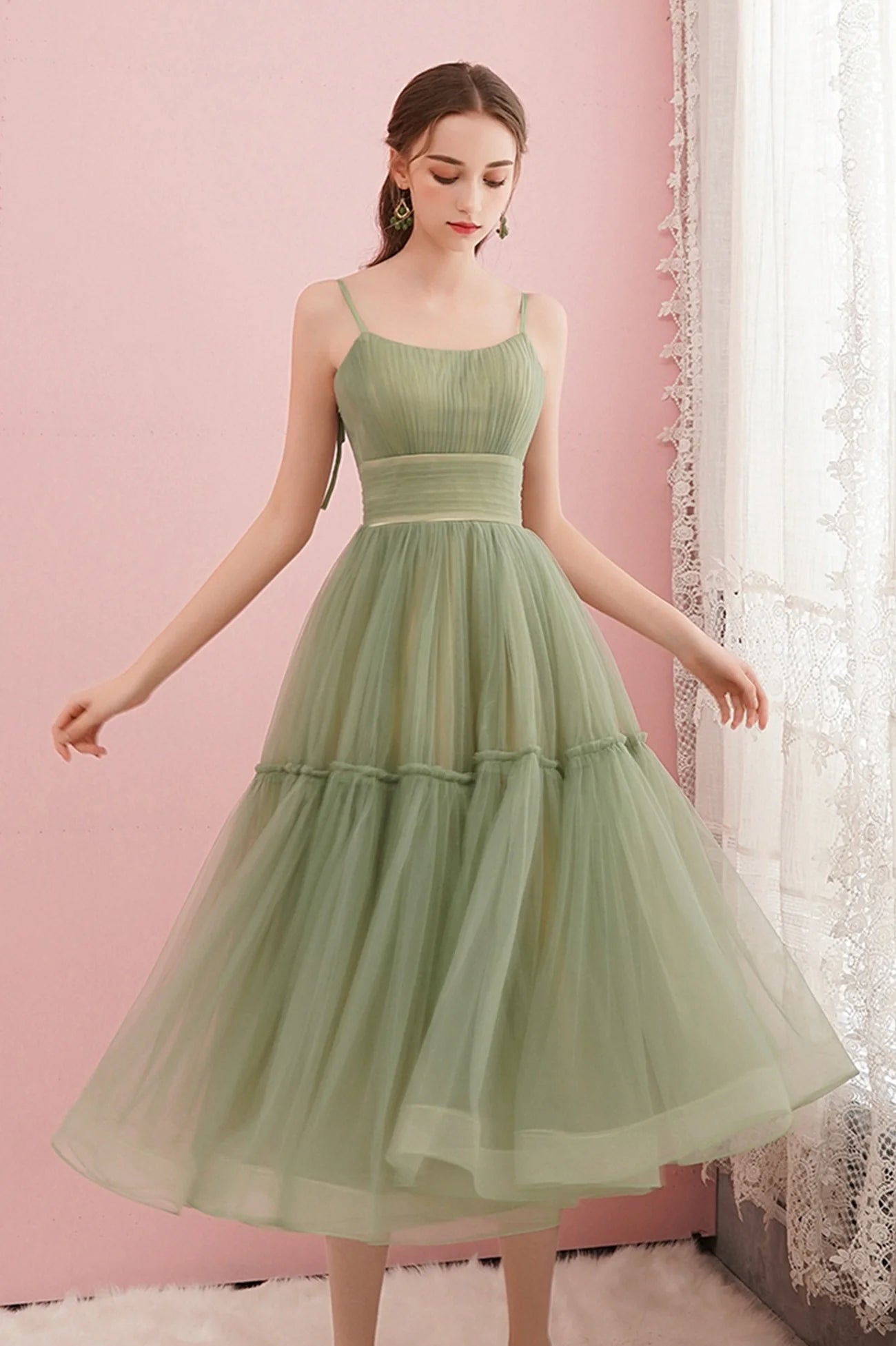 Cute A-Line Green Tulle Short Prom Dresses Homecoming Dresses Party Dresses