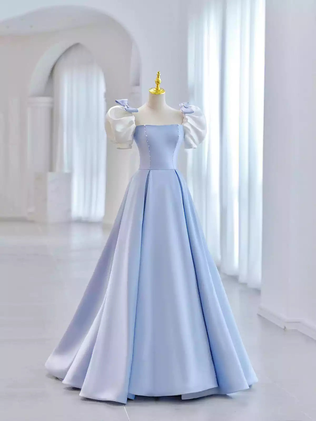 Cute A-Line Junior Blue Short Sleeve Saitn Formal Evening Dress Prom Dress