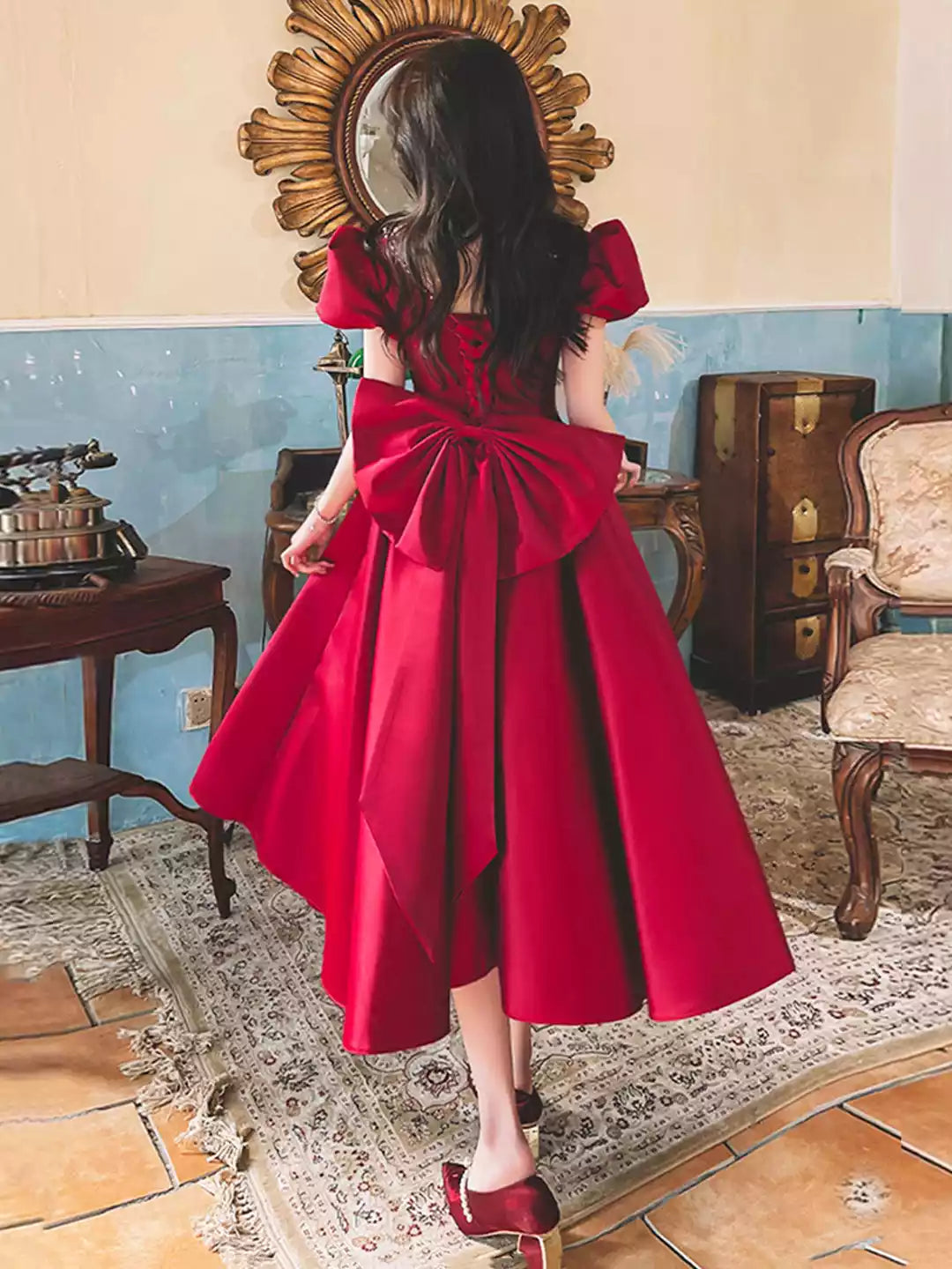 Cute A-Line Short Sleeve Burgundy Satin Party Dress with Bow Homecoming Dress Party Dress