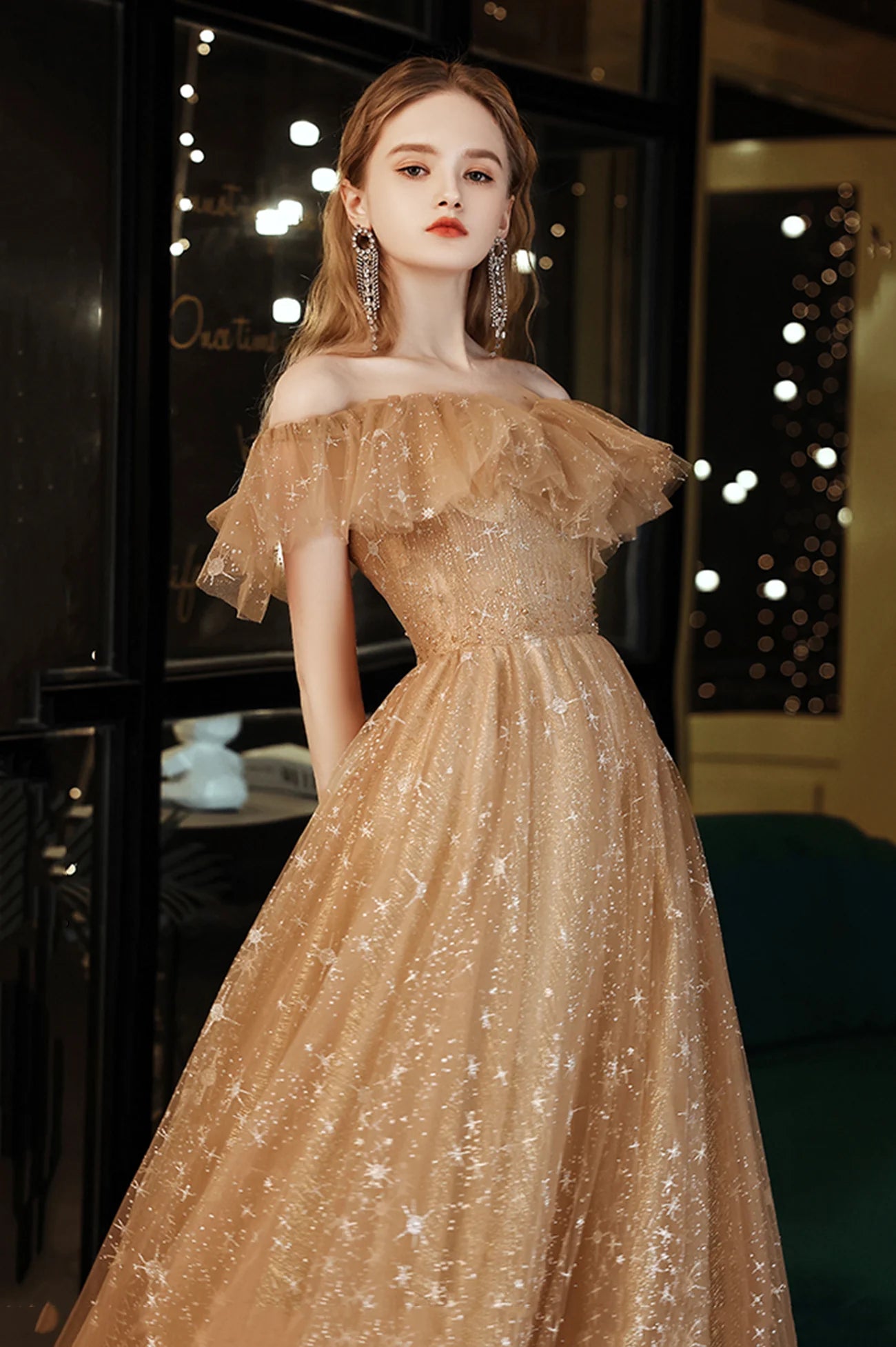 Cute A-Line Tulle Off the Shoulder Prom Dress Evening Party Dress