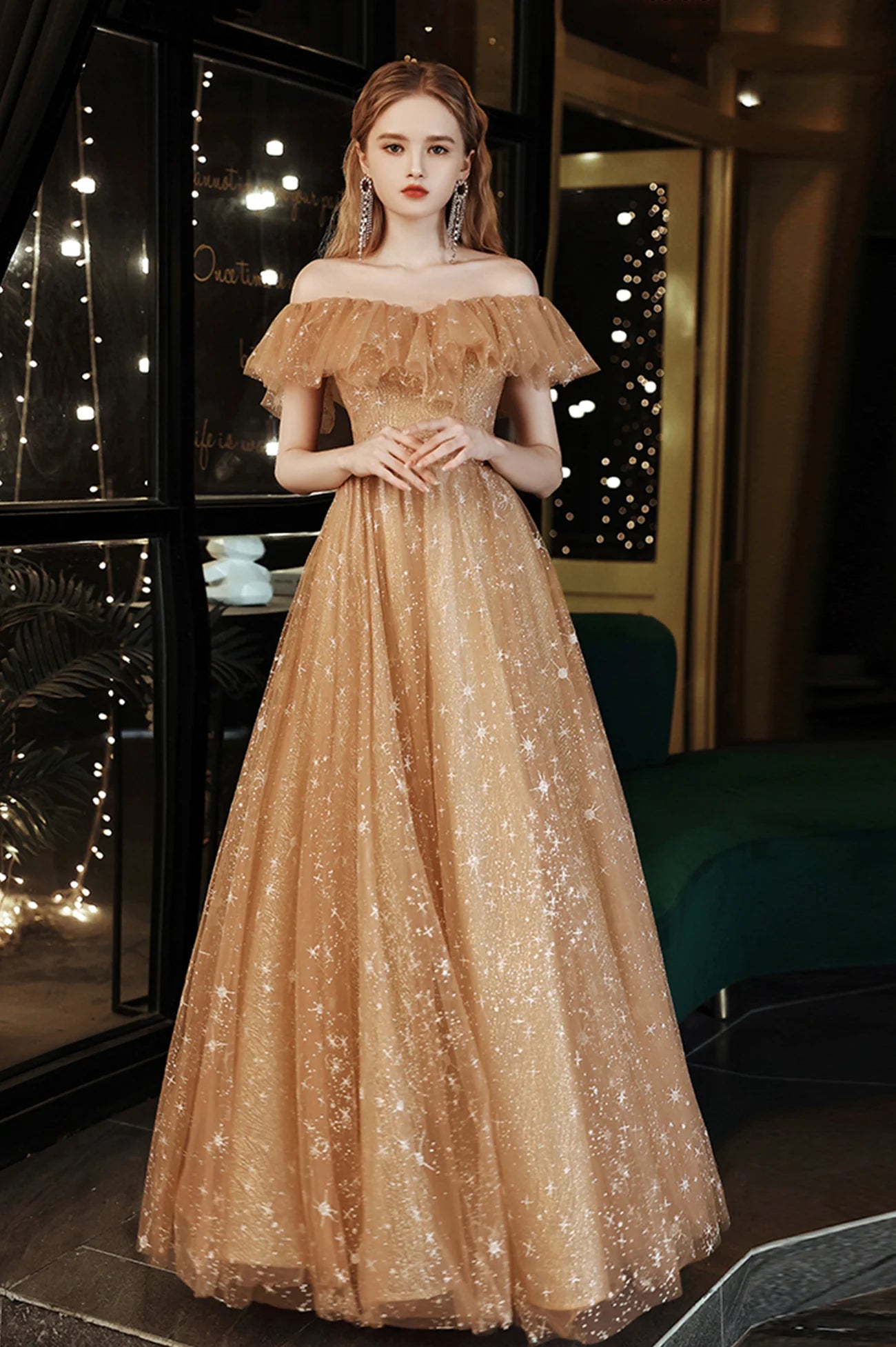 Cute A-Line Tulle Off the Shoulder Prom Dress Evening Party Dress