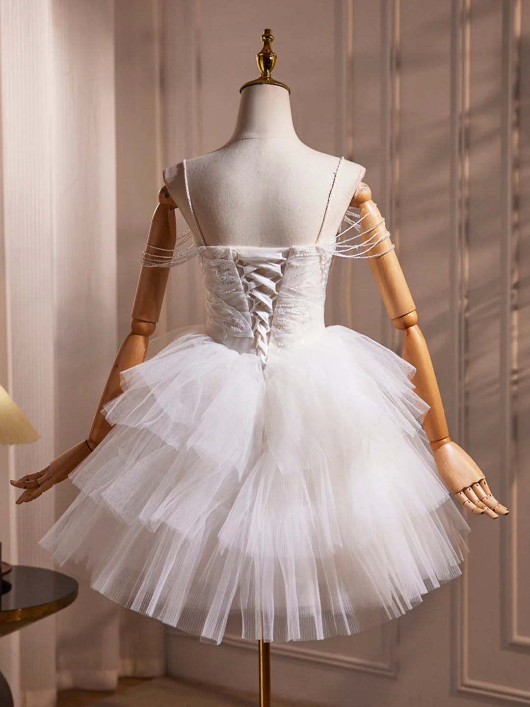 Cute A-Line White Spaghetti Strap Tulle Beaded Short Prom Dress Party Dress