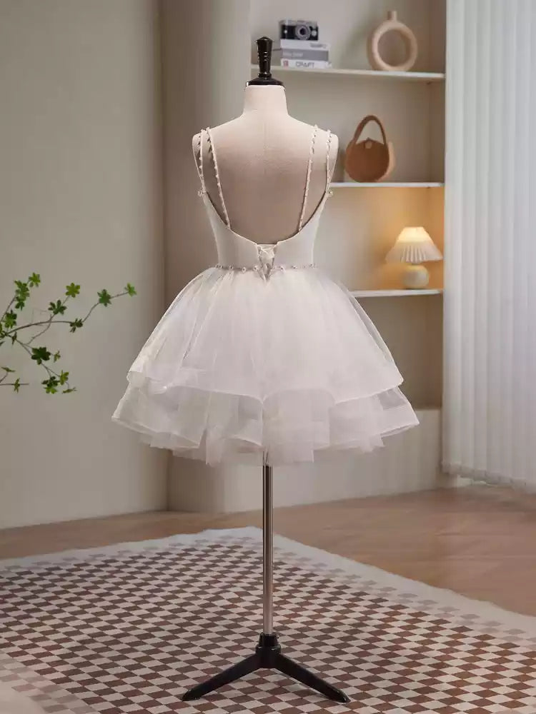 Cute A-Line White Spaghetti Strap Tulle Short Prom Dress Party Dress