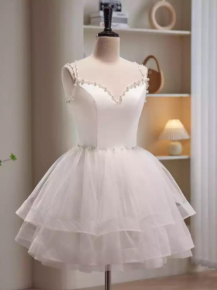 Cute A-Line White Spaghetti Strap Tulle Short Prom Dress Party Dress