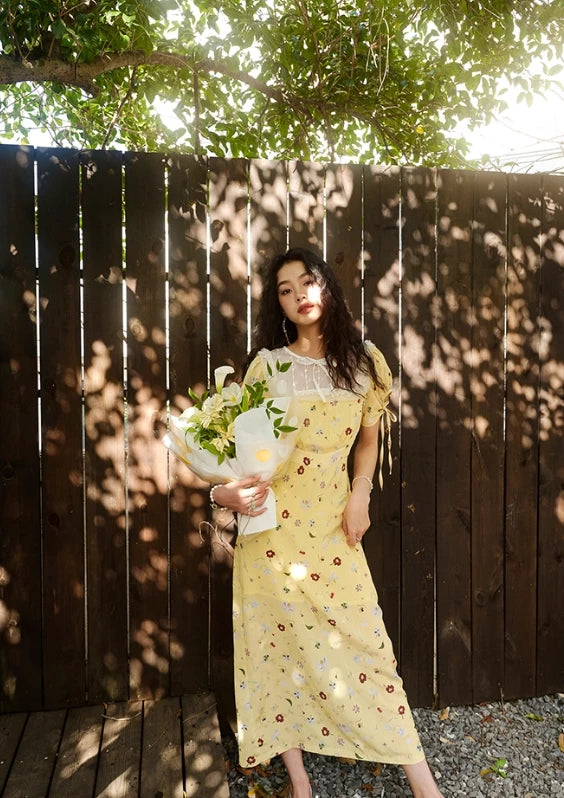 Cute A Line Puff Print Floral Lace Yellow Chiffon Short Sleeves Summer Dress Long Floor length Prom Dress Cocktail Dress Homecoming Dress Evening Dress Party Dress