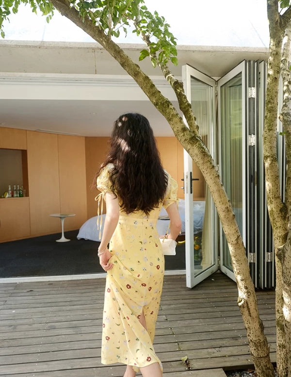 Cute A Line Puff Print Floral Lace Yellow Chiffon Short Sleeves Summer Dress Long Floor length Prom Dress Cocktail Dress Homecoming Dress Evening Dress Party Dress