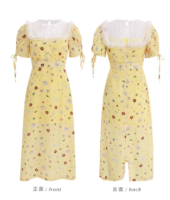 Cute A Line Puff Print Floral Lace Yellow Chiffon Short Sleeves Summer Dress Long Floor length Prom Dress Cocktail Dress Homecoming Dress Evening Dress Party Dress