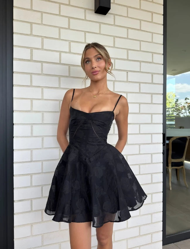 Cute A Line Spaghetti Strap Printed Floral Black Tulle Short Prom Dress Cocktail Dress Evening Dress Party Dress Homecoming Dress