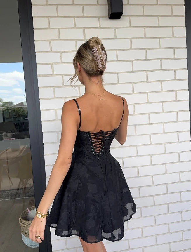 Cute A Line Spaghetti Strap Printed Floral Black Tulle Short Prom Dress Cocktail Dress Evening Dress Party Dress Homecoming Dress