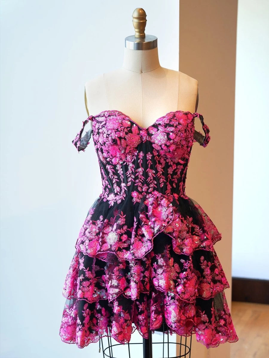 Cute Black Pink - A-Line Sweetheart Tiered Short Party Dresses Homecoming Dress Prom Dress