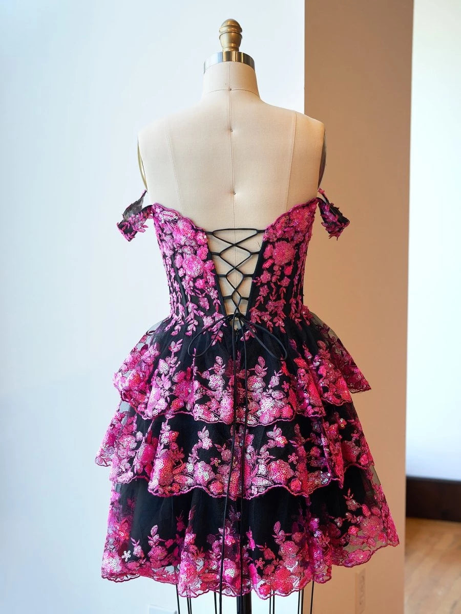 Cute Black Pink - A-Line Sweetheart Tiered Short Party Dresses Homecoming Dress Prom Dress