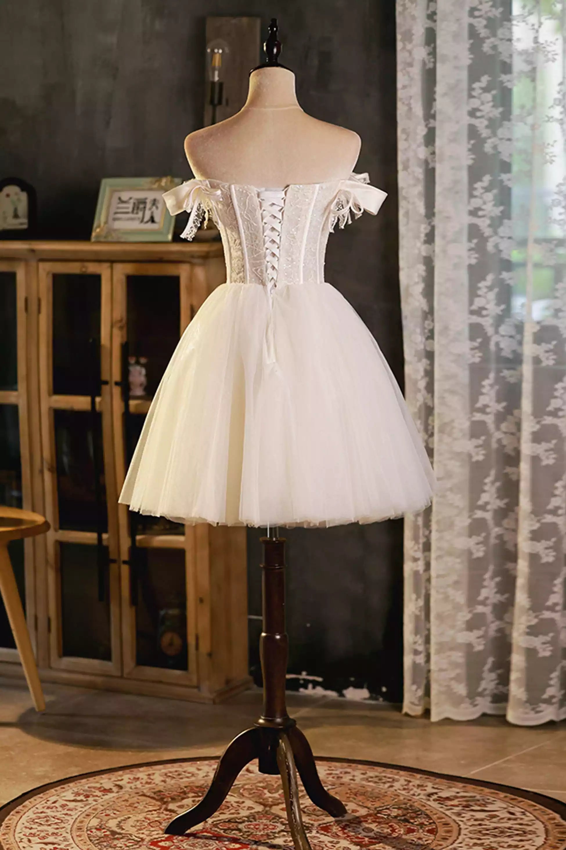 Cute Champagne Off the Shoulder A-Line Tulle Short Prom Dress Party Dresses