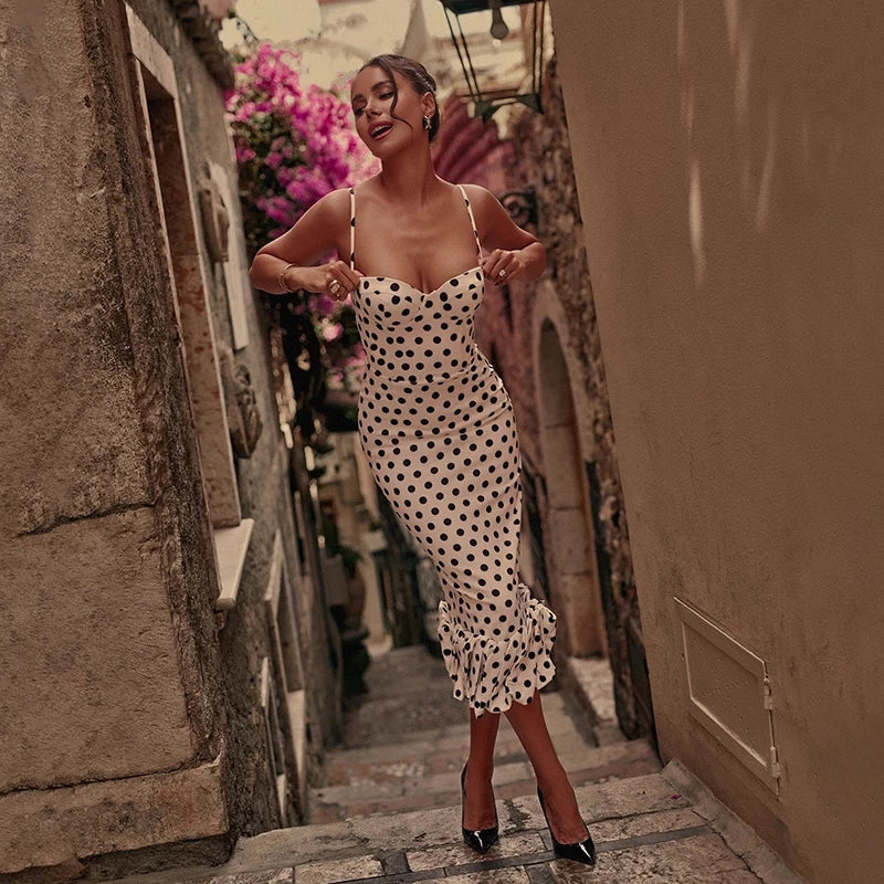 Cute Dot Pattern Sweetheart Spaghetti Strap Sheath Long Summer Dress Prom Dress Party Dress Cocktail Dress Homecoming Dress Evening Dress