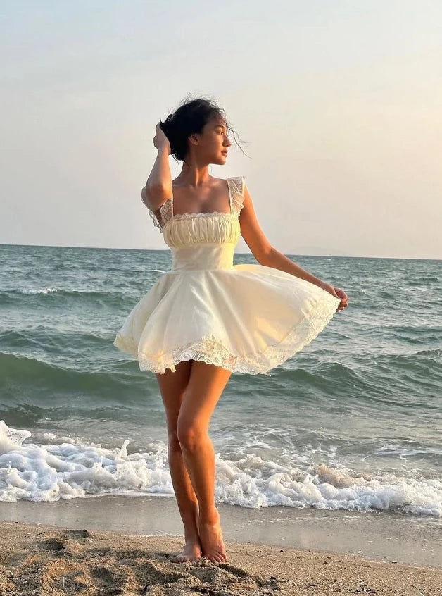 Cute  Enchanting A Line Straps Lace Satin Short Sleeveless Prom Dress Cocktail Dress Evening Dress Party Dress Homecoming Dress