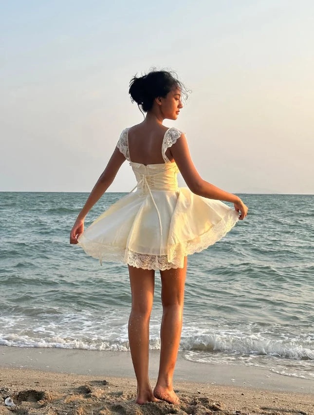 Cute  Enchanting A Line Straps Lace Satin Short Sleeveless Prom Dress Cocktail Dress Evening Dress Party Dress Homecoming Dress