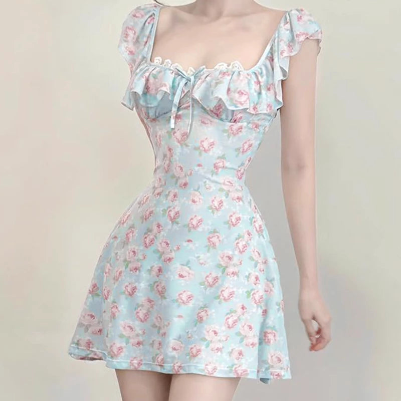 Cute Light Blue Floral Square-neck A-Line Short Summer Dress Prom Dress Party Dress Cocktail Dress Homecoming Dress Evening Dress ﻿