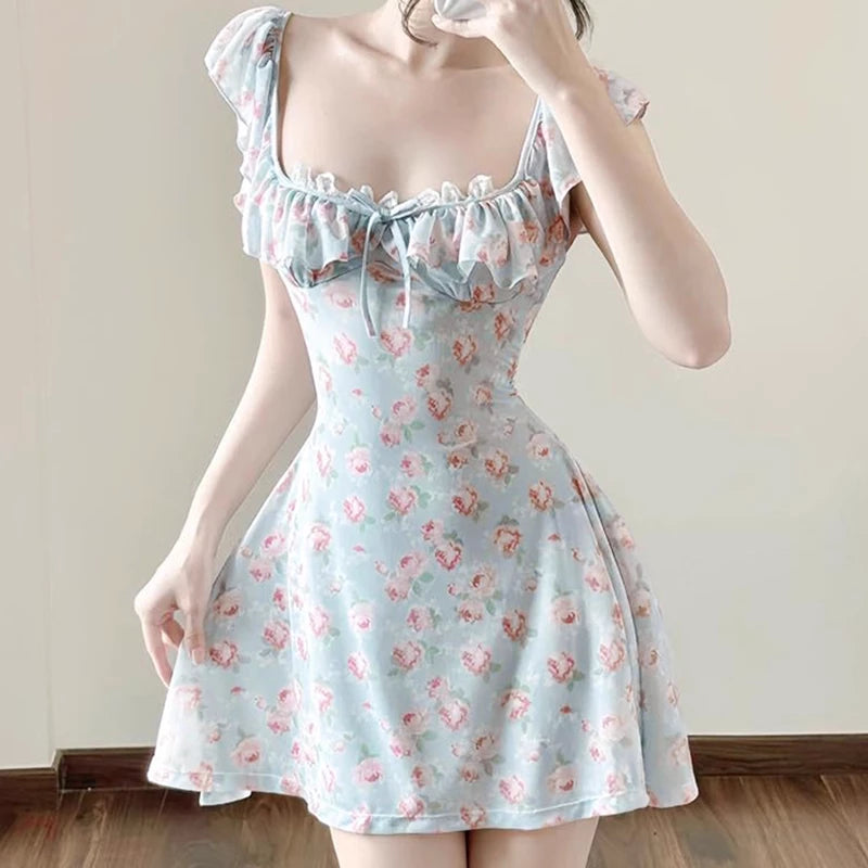 Cute Light Blue Floral Square-neck A-Line Short Summer Dress Prom Dress Party Dress Cocktail Dress Homecoming Dress Evening Dress ﻿