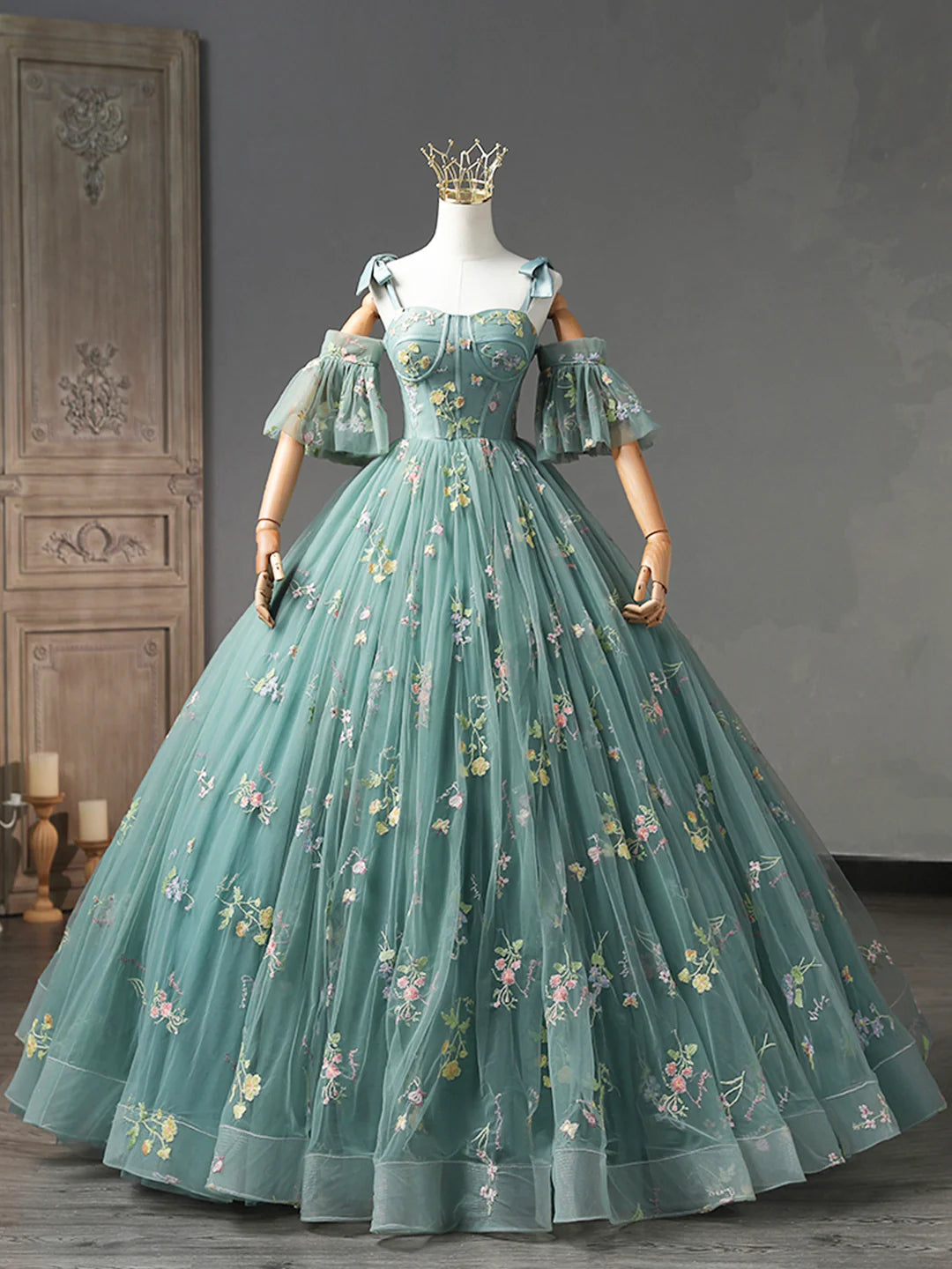 Cute Off Shoulder Green Floral Tulle Long Prom Dress Evening Party Dress