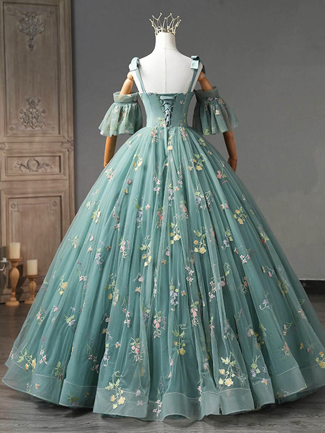 Cute Off Shoulder Green Floral Tulle Long Prom Dress Evening Party Dress