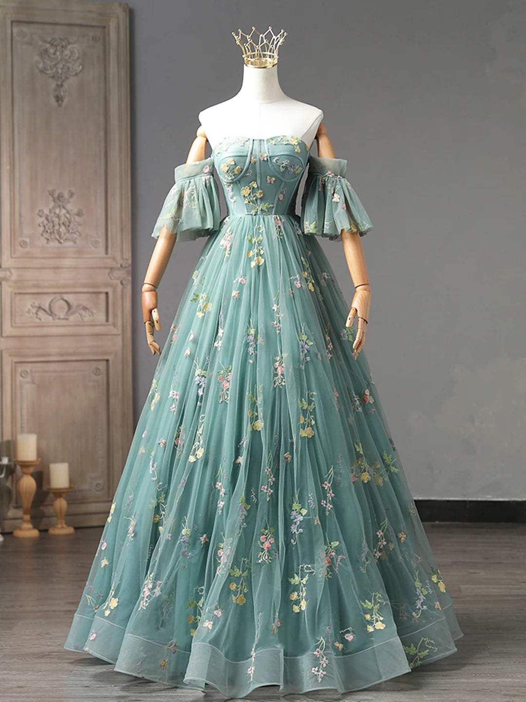 Cute Off Shoulder Green Floral Tulle Long Prom Dress Evening Party Dress