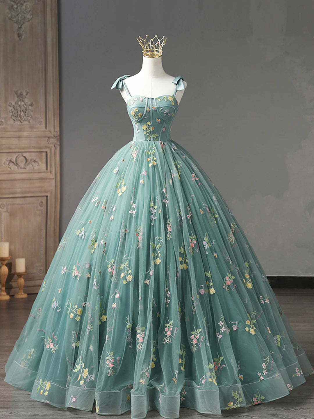 Cute Off Shoulder Green Floral Tulle Long Prom Dress Evening Party Dress