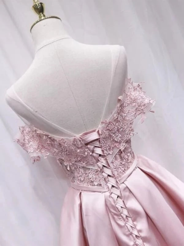 Cute Off Shoulder Pink Lace Short Prom Pink Lace Formal Graduation Party Dresses Homecoming Dresses