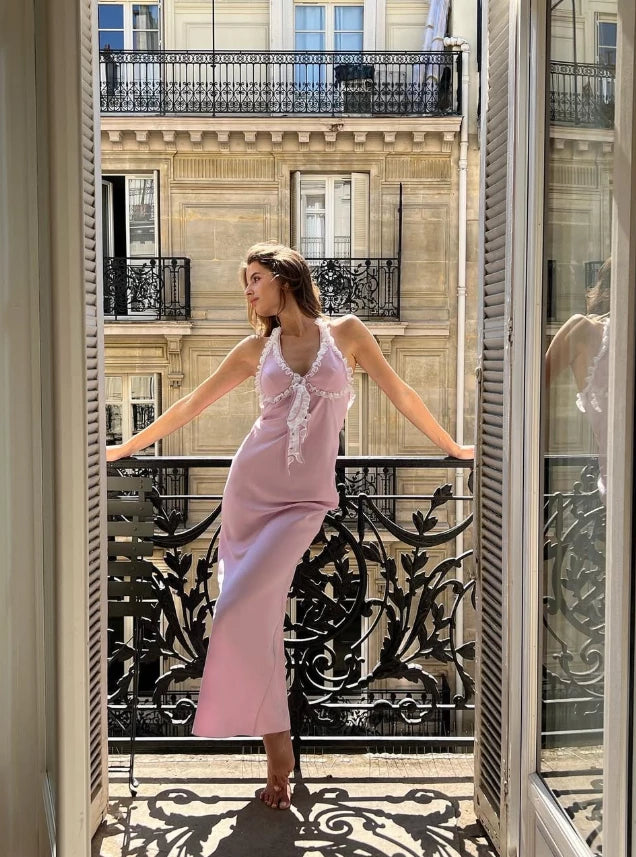 Cute Pink Sheath Halter Satin Open Back Sleeveless Off-the-shoulder Long Prom Dress Cocktail Dress Homecoming Dress Evening Dress Party Dress