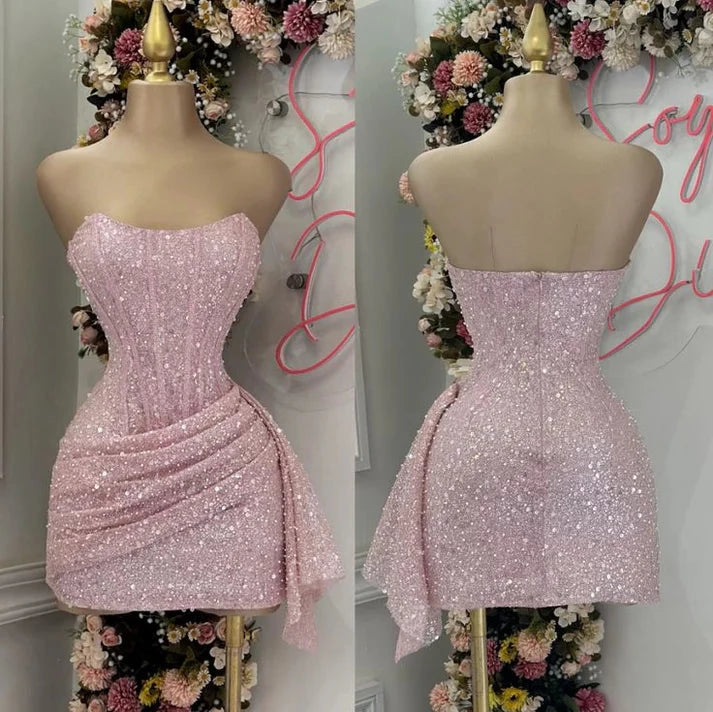 Cute Pink Shiny Sequin Sleeveless Strapless Bodycon Short Party Dress Cocktail Dress Homecoming Dress