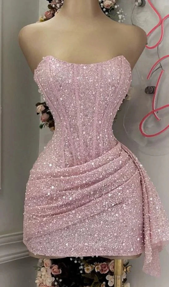 Cute Pink Shiny Sequin Sleeveless Strapless Bodycon Short Party Dress Cocktail Dress Homecoming Dress