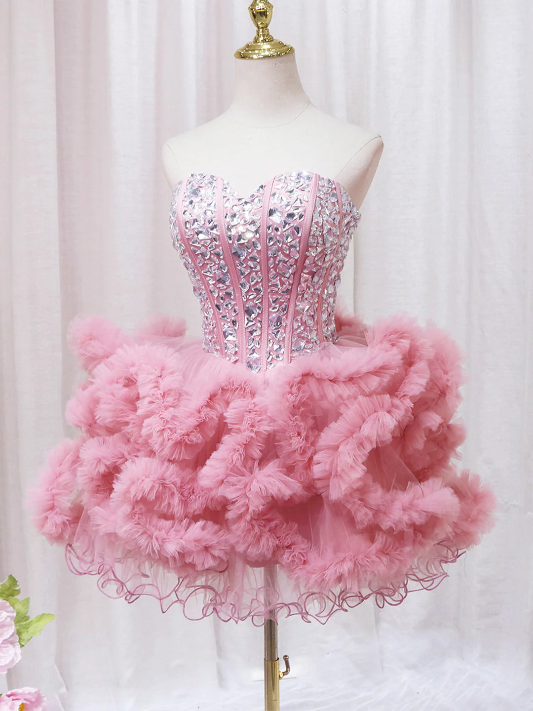 Cute Pink Sweetheart Neckline Tulle Short Prom Dress with Rhinestones Party Dress