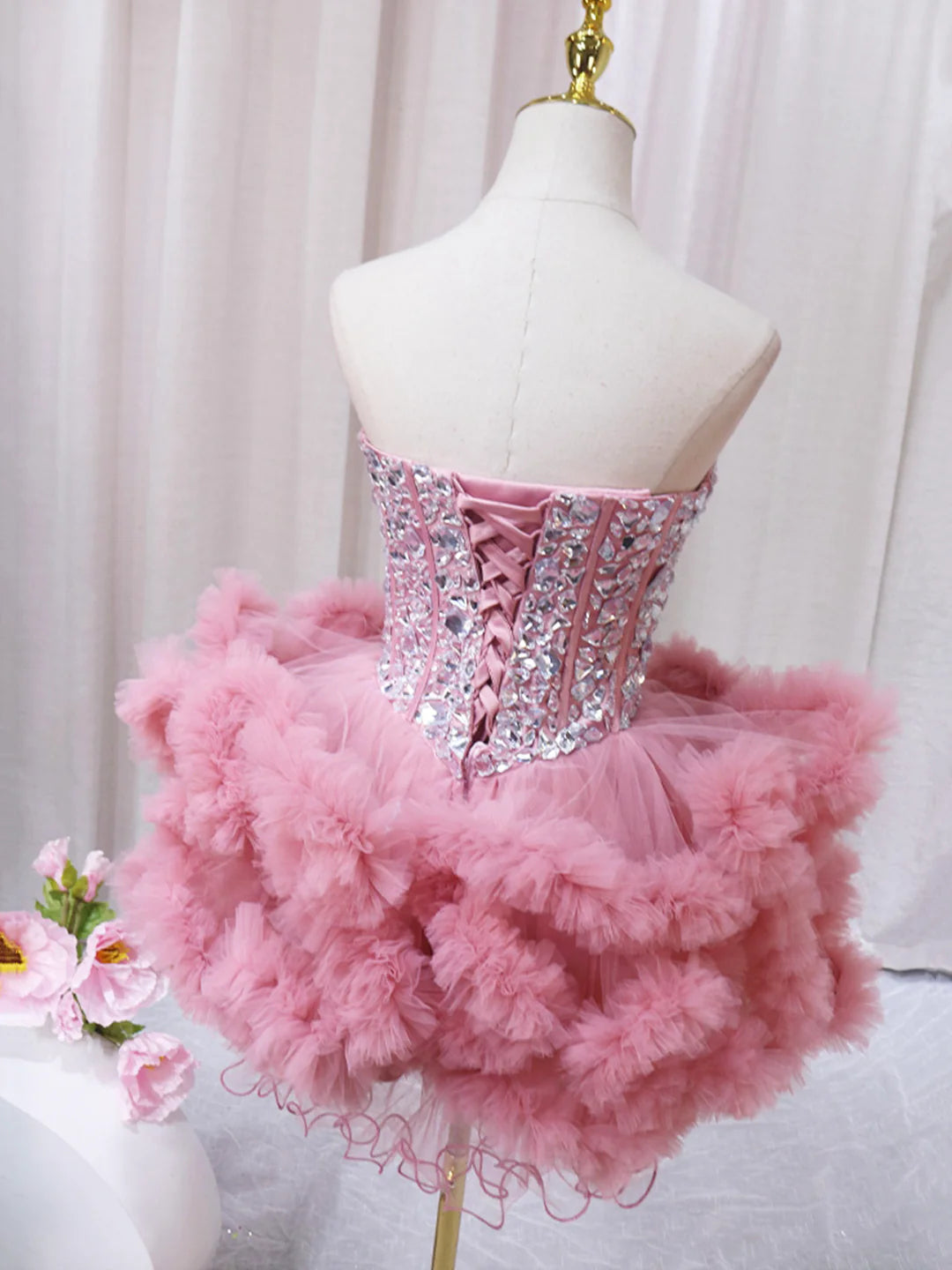 Cute Pink Sweetheart Neckline Tulle Short Prom Dress with Rhinestones Party Dress