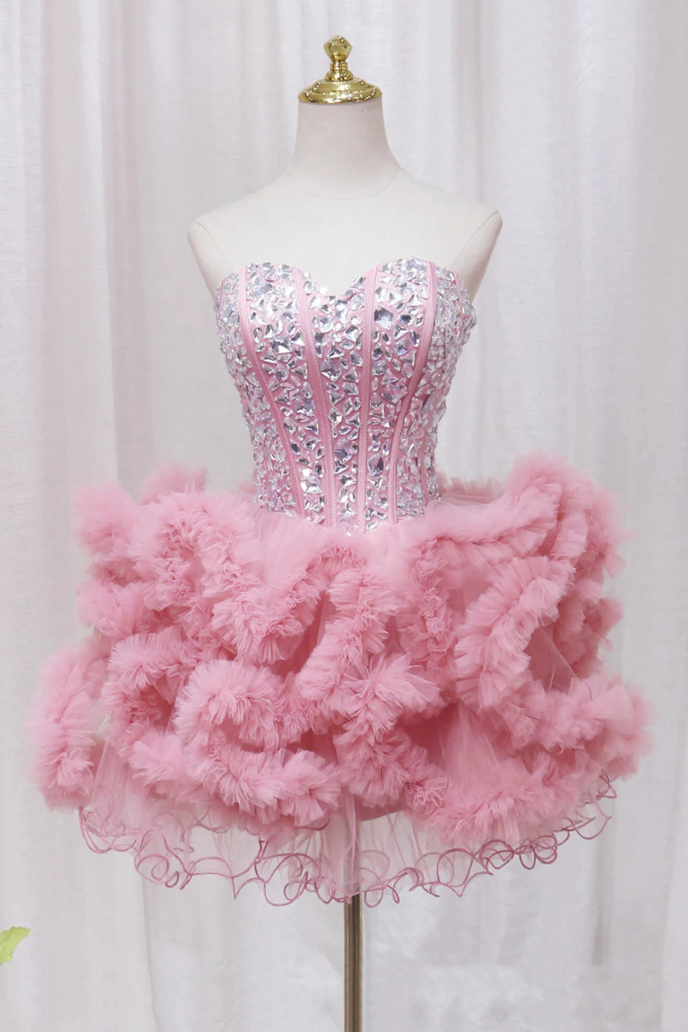 Cute Pink Sweetheart Neckline Tulle Short Prom Dress with Rhinestones Party Dress