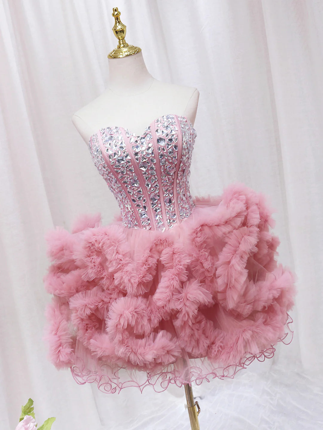Cute Pink Sweetheart Neckline Tulle Short Prom Dress with Rhinestones Party Dress