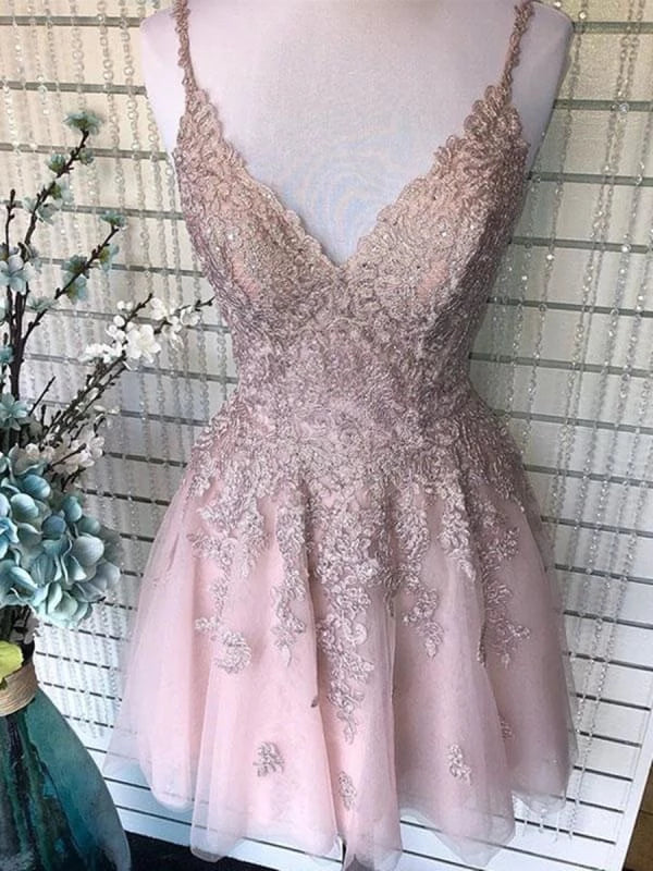 Cute Poofy A Line V Neck Backless Short Backless Pink Lace Formal Graduation Party Dresses Homecoming Dresses
