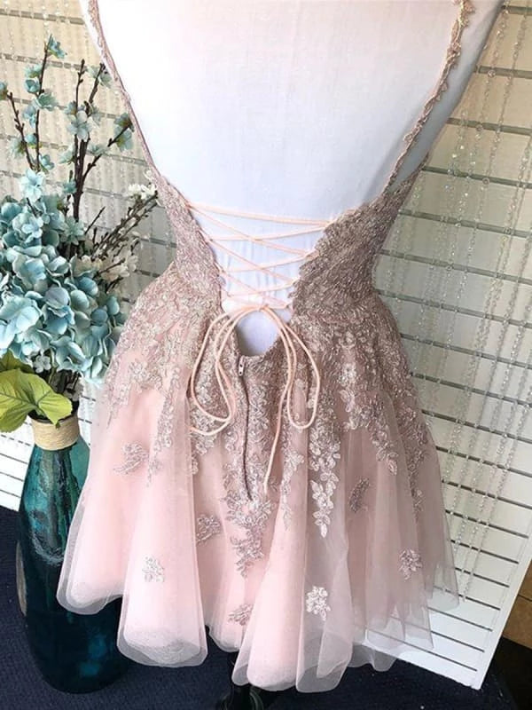 Cute Poofy A Line V Neck Backless Short Backless Pink Lace Formal Graduation Party Dresses Homecoming Dresses