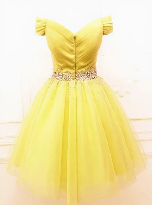 Cute Poofy Off Shoulder Sequins Yellow Short Prom Evening Party Dresses Homecoming Dress