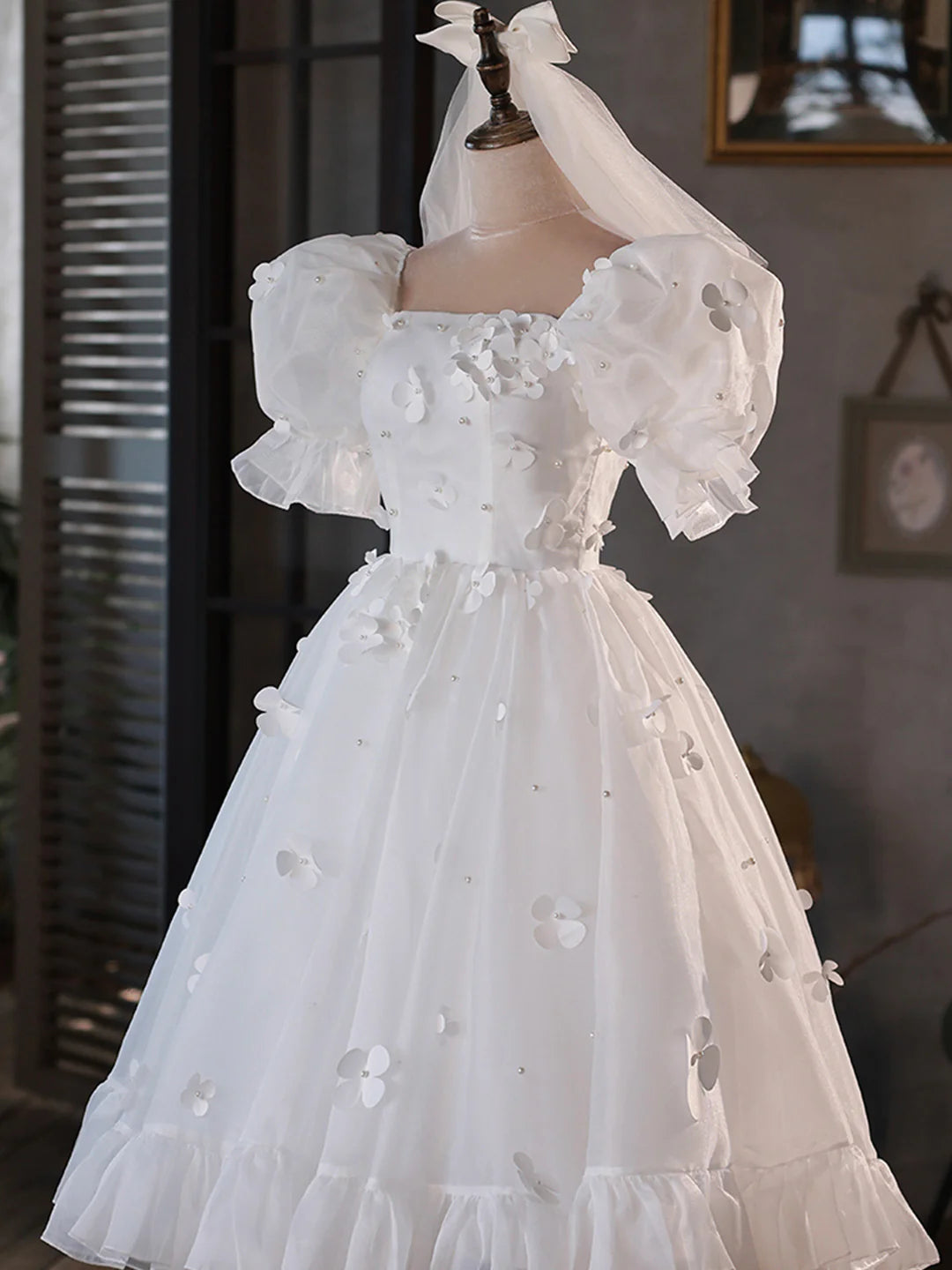 Cute Puff Sleeve White Tulle Short A-Line Prom Dress Party Dress