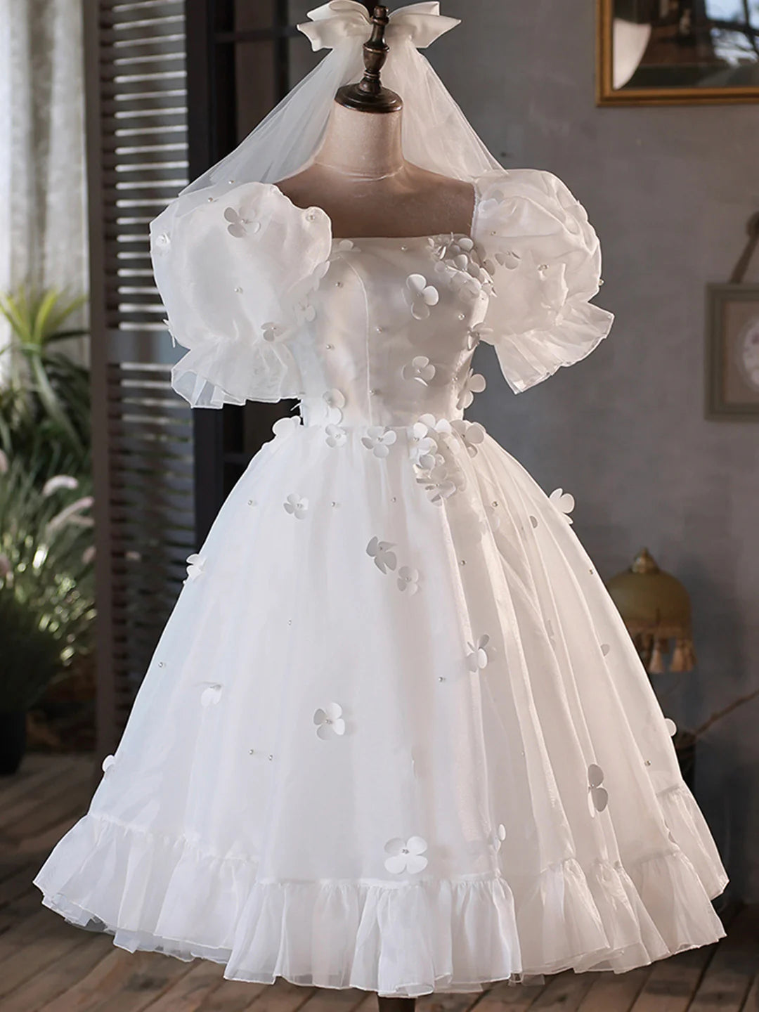 Cute Puff Sleeve White Tulle Short A-Line Prom Dress Party Dress