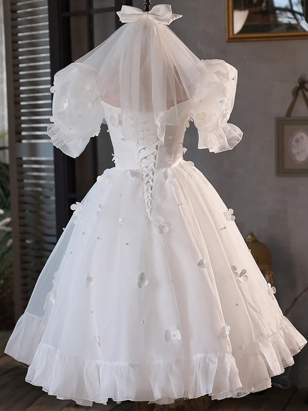 Cute Puff Sleeve White Tulle Short A-Line Prom Dress Party Dress
