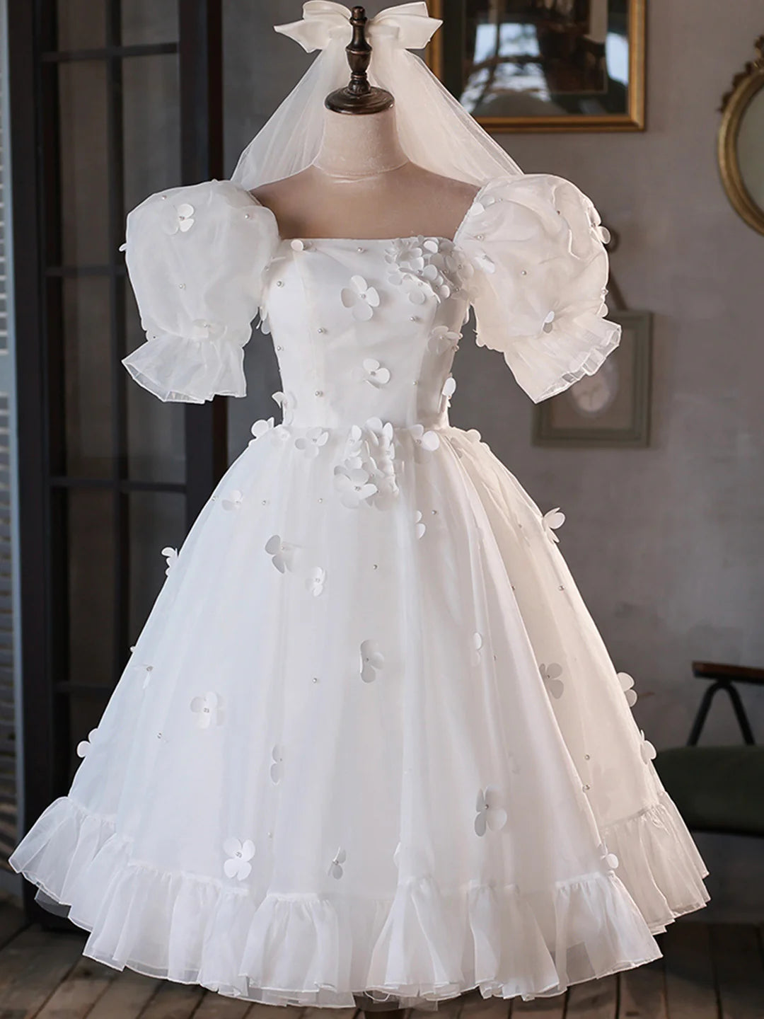 Cute Puff Sleeve White Tulle Short A-Line Prom Dress Party Dress
