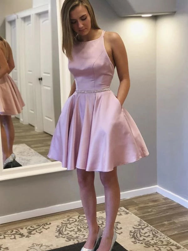 Cute Satin Backless Pink Short Prom with Pocket Short Pink Formal Graduation Party Dresses Homecoming Dress