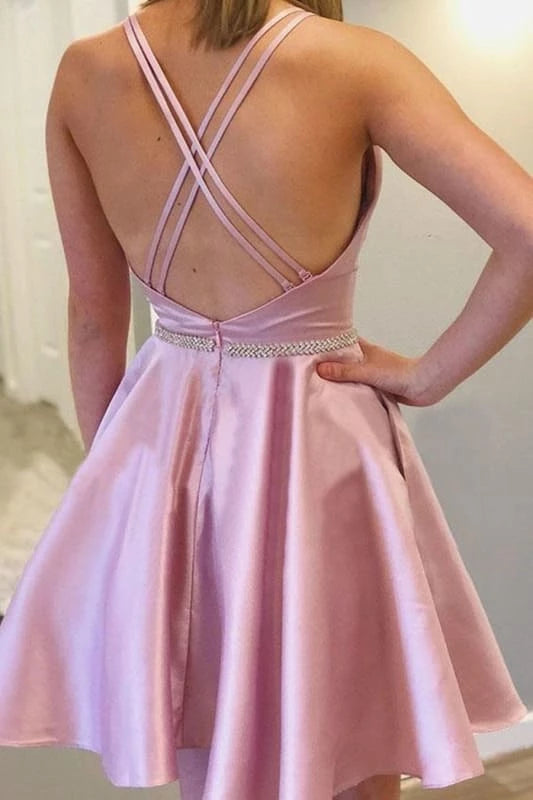 Cute Satin Backless Pink Short Prom with Pocket Short Pink Formal Graduation Party Dresses Homecoming Dress