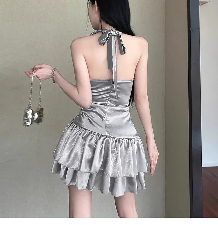 Cute Satin Halter-neck A-Line Short Summer Dresses Prom Dress Party Dress Cocktail Dress Homecoming Dress Evening Dress