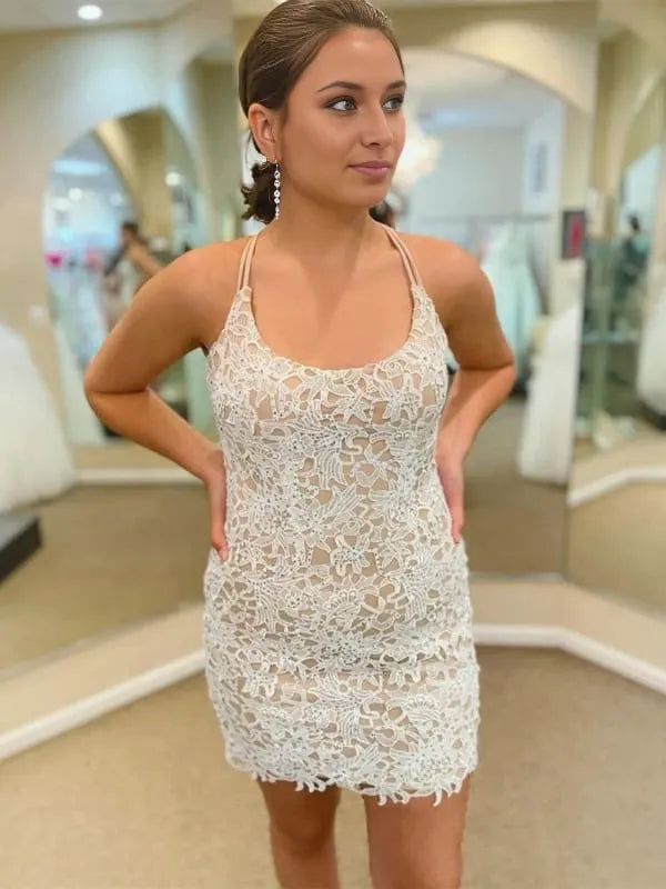 Cute Short Champagne Lace Short Champagne Formal Graduation Evening Dresses  Party Dresses Homecoming Dresses