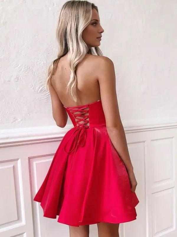 Cute Strapless Backless Red Short Prom Backless Red Formal Red Evening Graduation Party Dresses Homecoming Dresses