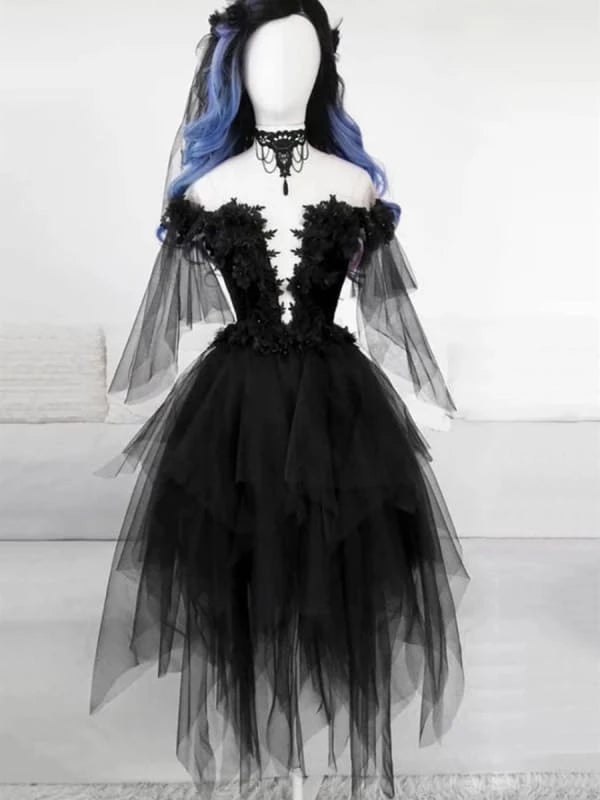 Cute Trendy Off Shoulder Short Black Lace Prom Fluffy Formal Graduation Party Dresses Homecoming Dresses