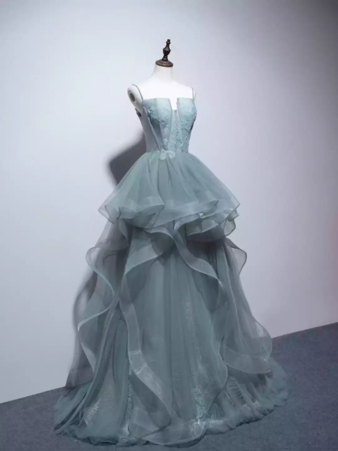 Cute Tulle Lace Dusty Green Spaghetti Strap Ruffled Floor-length Formal Dress Evening Party Dress