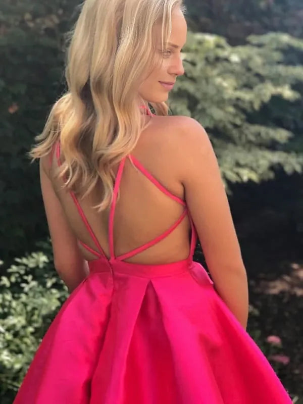 Cute V Neck Open Back Fuchsia Short Fuchsia Short Formal Fuchsia Graduation Evening Prom Party Dresses Homecoming Dresses
