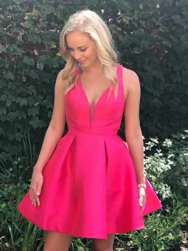 Cute V Neck Open Back Fuchsia Short Fuchsia Short Formal Fuchsia Graduation Evening Prom Party Dresses Homecoming Dresses
